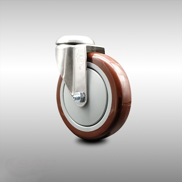 5 Inch 316SS Maroon Polyurethane Wheel Swivel Bolt Hole Caster